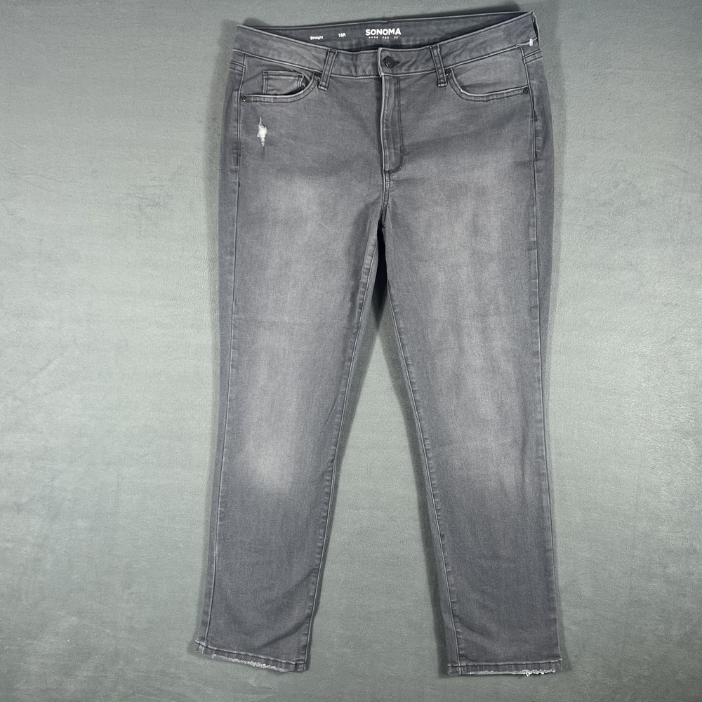 SONOMA Women's 16R Regular Gray Straight Leg Distressed Denim Jeans Mid Rise‎